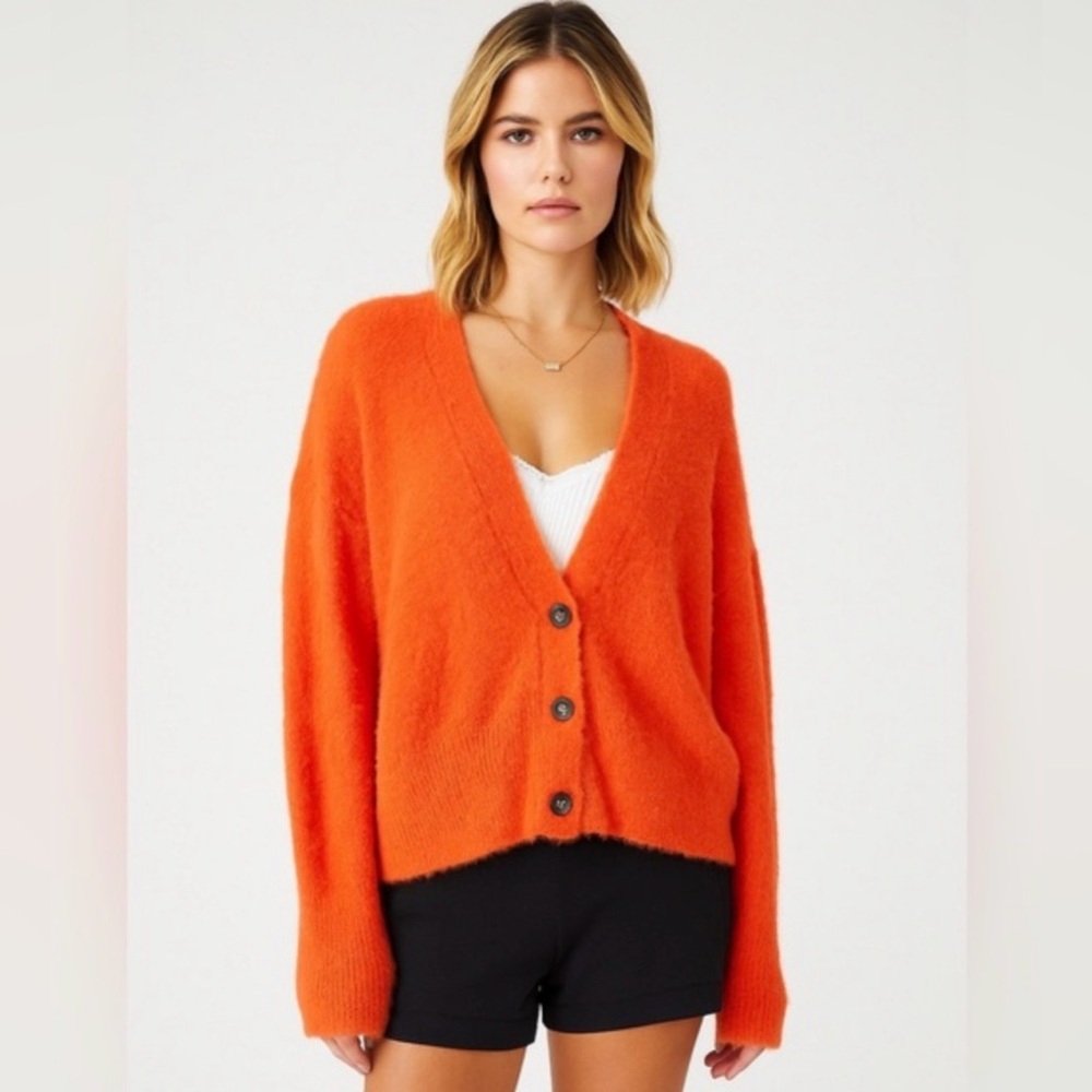 Free People Cozy Red Orange Button-Up Women's Sweater